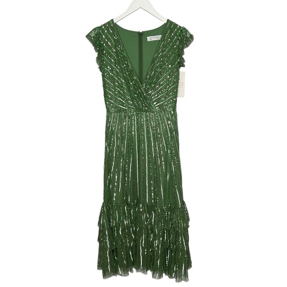 Mac Duggal Sequined Wrap Over Cap Sleeve Ruffle Hem Dress Sage Size 6 NEW - Picture 7 of 15